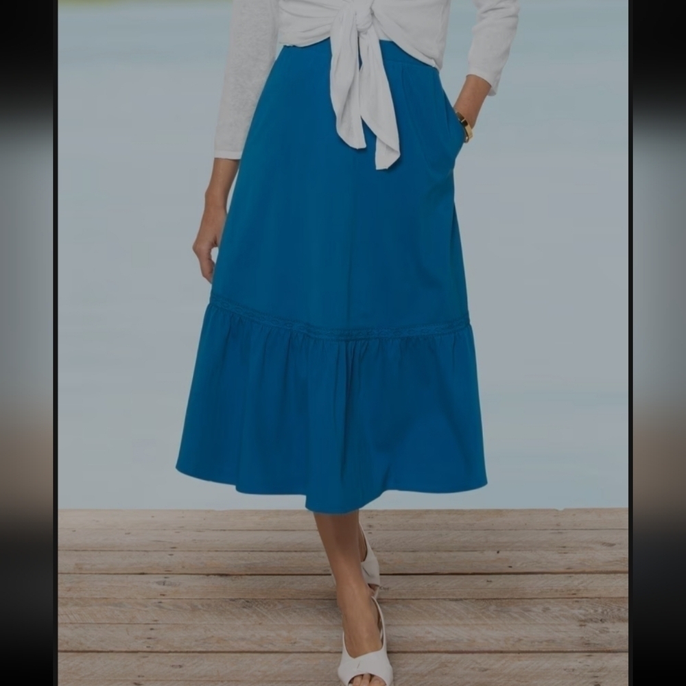 Appleseed's Boardwalk Knit Flounced Midi Skirt. Color: Seaport Blue. Size Petite